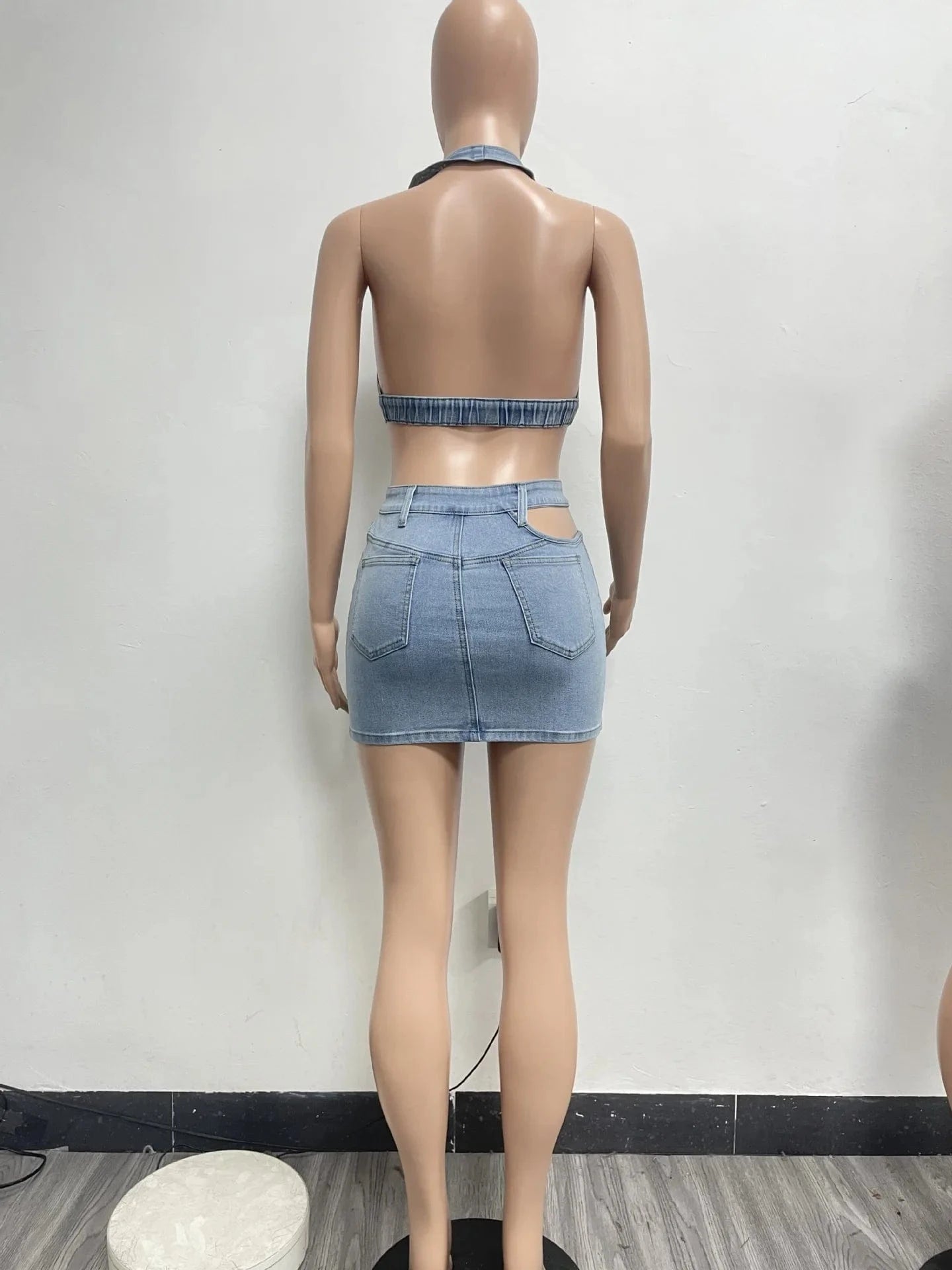 Summer 2024 Y2k Women Clothes Set Halter Crop Top And Split skirt Set Solid Color Casual Sexy Hollow Out Women DenimSet