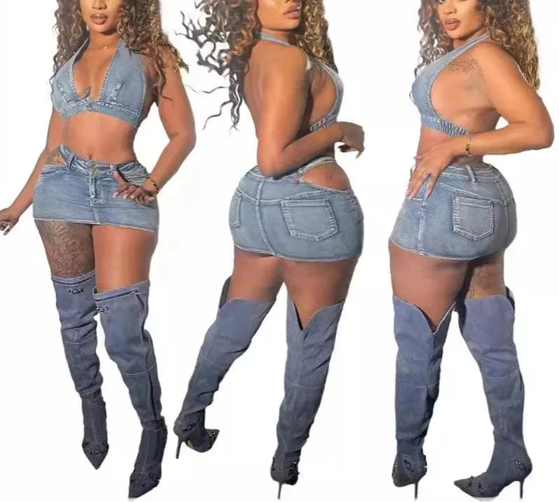 Summer 2024 Y2k Women Clothes Set Halter Crop Top And Split skirt Set Solid Color Casual Sexy Hollow Out Women DenimSet