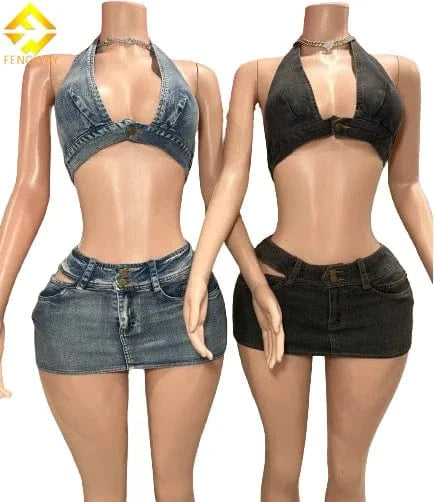 Summer 2024 Y2k Women Clothes Set Halter Crop Top And Split skirt Set Solid Color Casual Sexy Hollow Out Women DenimSet