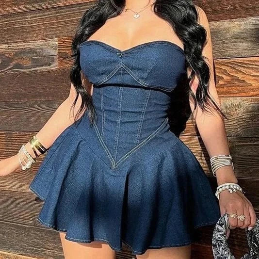 Summer 2024 Y2K Wrap Hip Mini Pleated Skirt Sexy Strapless Bra Denim Dress For Women