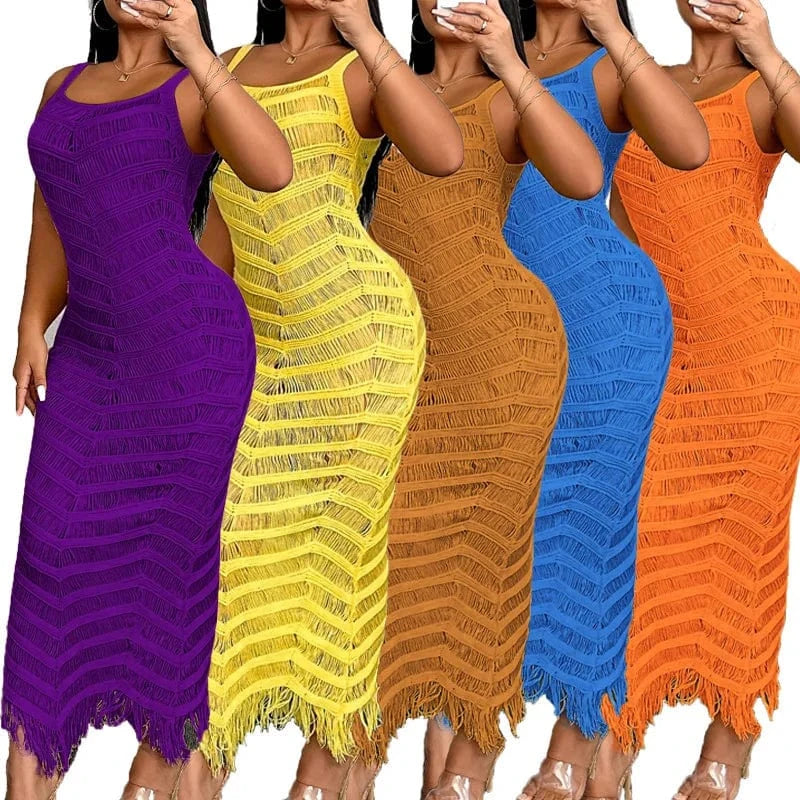 Summer 2025 New Casual Sexy Stylish Women Dresses Tight-Fitting V-Neck Long Hollow-Out Tassel Hem Sleeveless Maxi Knitted Dress