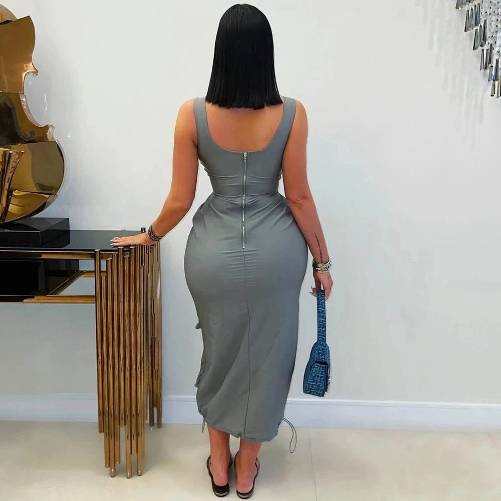 Summer 2025 Woman Elegant Casual Multi-Pockets Cargo Midi Long Dress Sleeveless Bodycon O-neck Night Club Party Dresses Vestidos