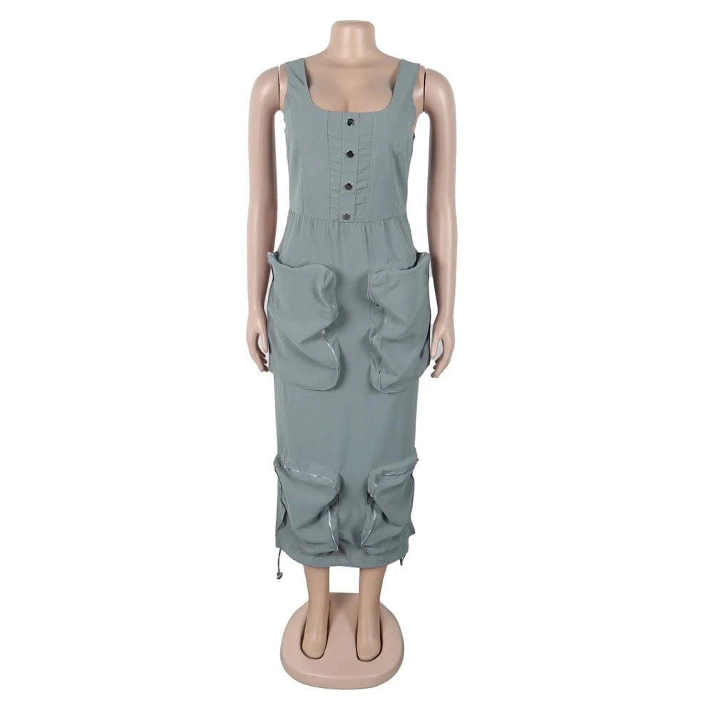 Summer 2025 Woman Elegant Casual Multi-Pockets Cargo Midi Long Dress Sleeveless Bodycon O-neck Night Club Party Dresses Vestidos