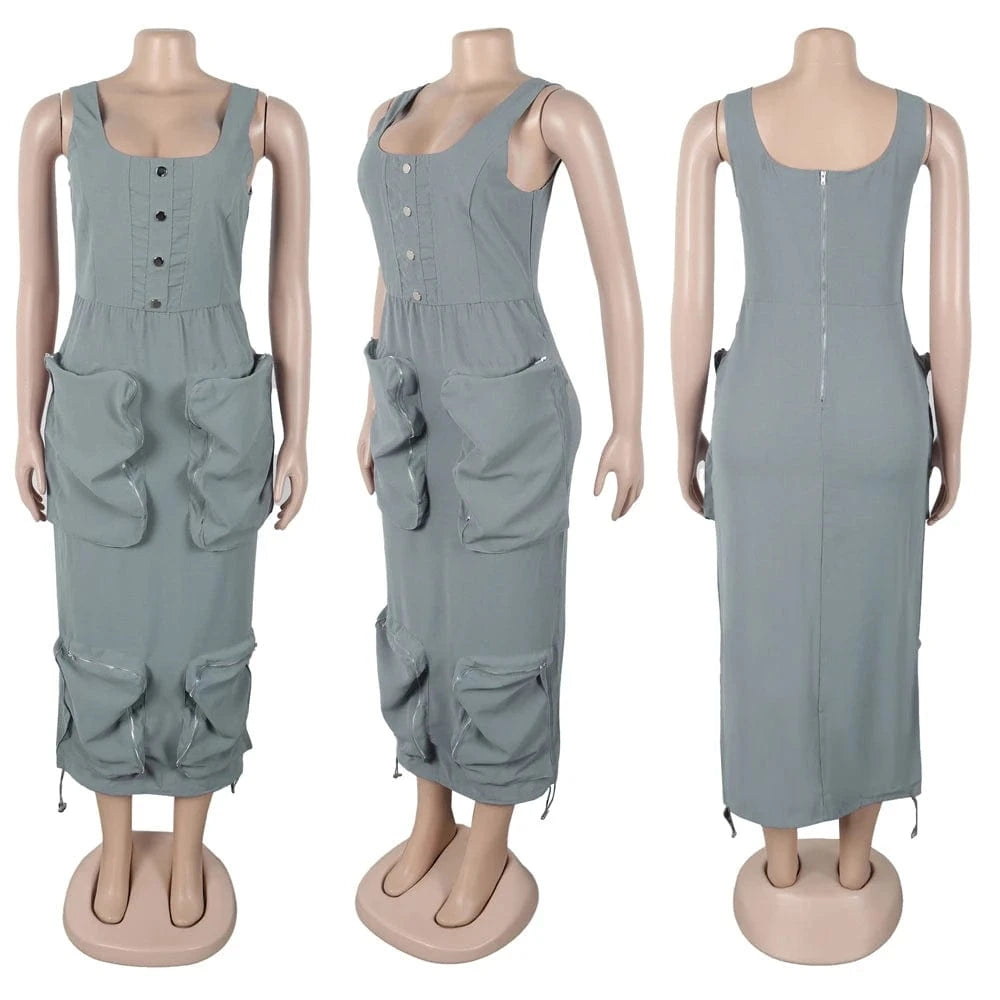 Summer 2025 Woman Elegant Casual Multi-Pockets Cargo Midi Long Dress Sleeveless Bodycon O-neck Night Club Party Dresses Vestidos