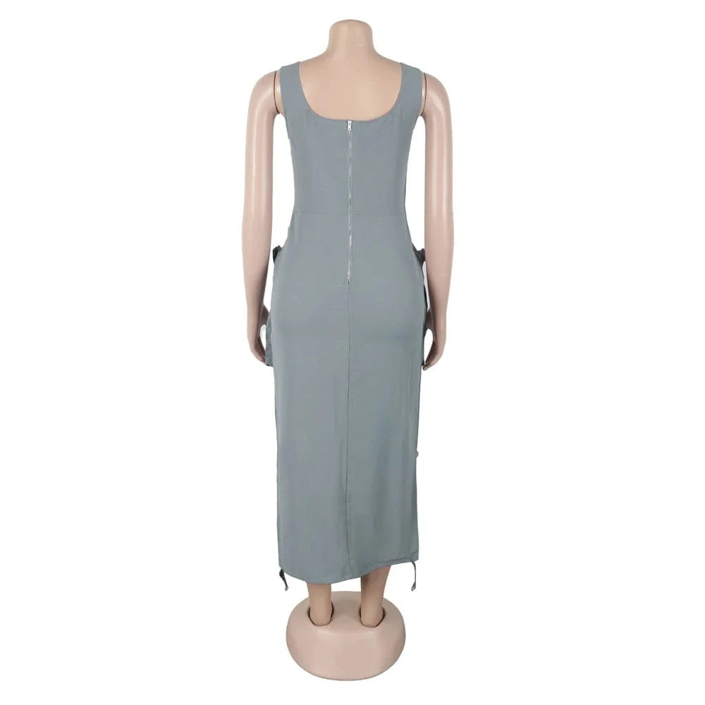 Summer 2025 Woman Elegant Casual Multi-Pockets Cargo Midi Long Dress Sleeveless Bodycon O-neck Night Club Party Dresses Vestidos