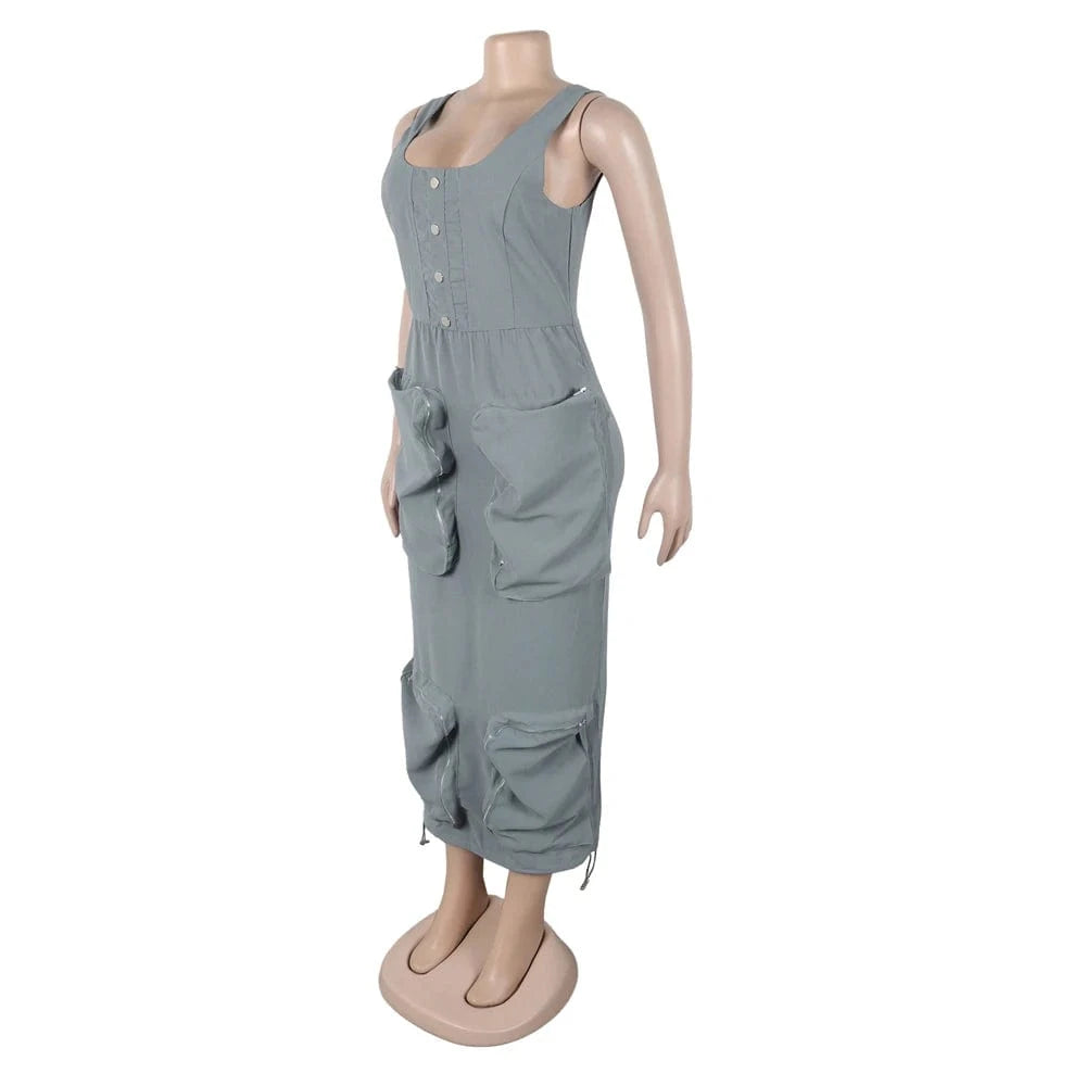 Summer 2025 Woman Elegant Casual Multi-Pockets Cargo Midi Long Dress Sleeveless Bodycon O-neck Night Club Party Dresses Vestidos