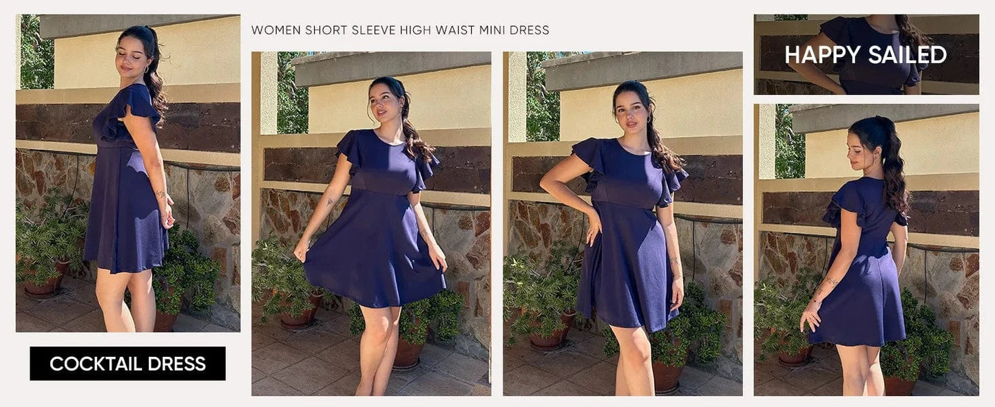 Summer 2025 Women's Dresses Elegant Vintage Ruffle Sleeve Flared A Line Swing Round-Neck Casual Party Cocktail Dress Women Cloth