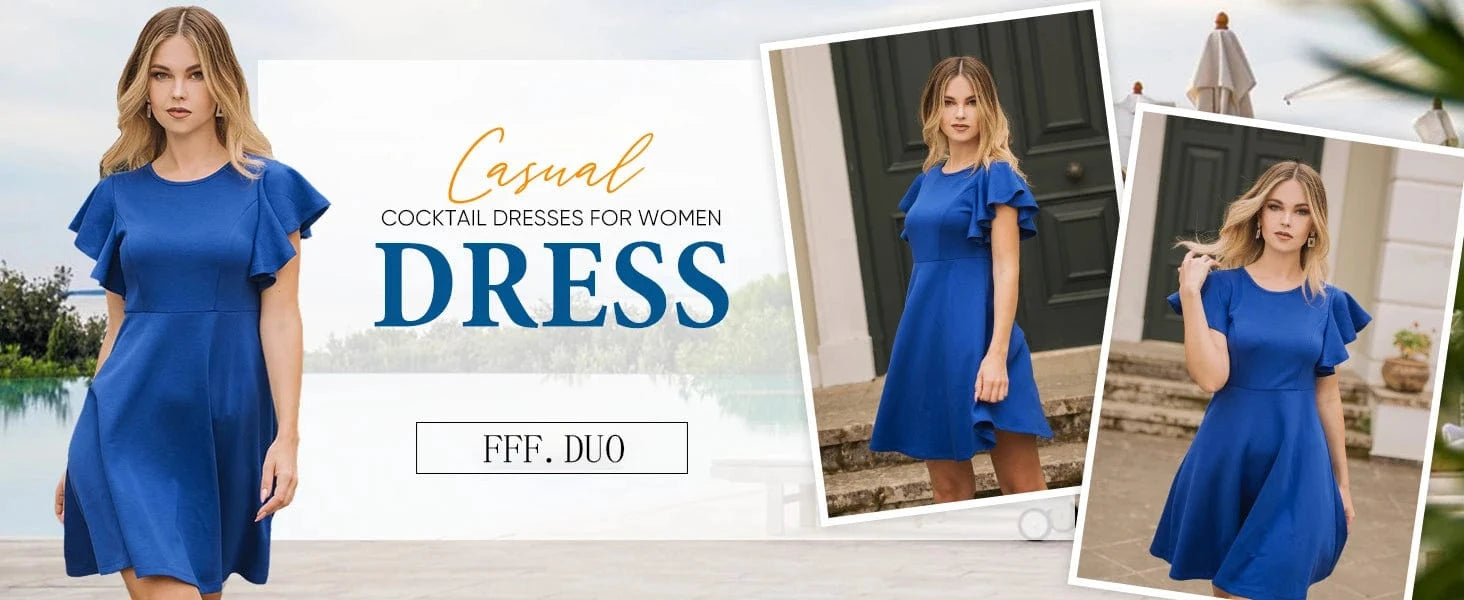 Summer 2025 Women's Dresses Elegant Vintage Ruffle Sleeve Flared A Line Swing Round-Neck Casual Party Cocktail Dress Women Cloth