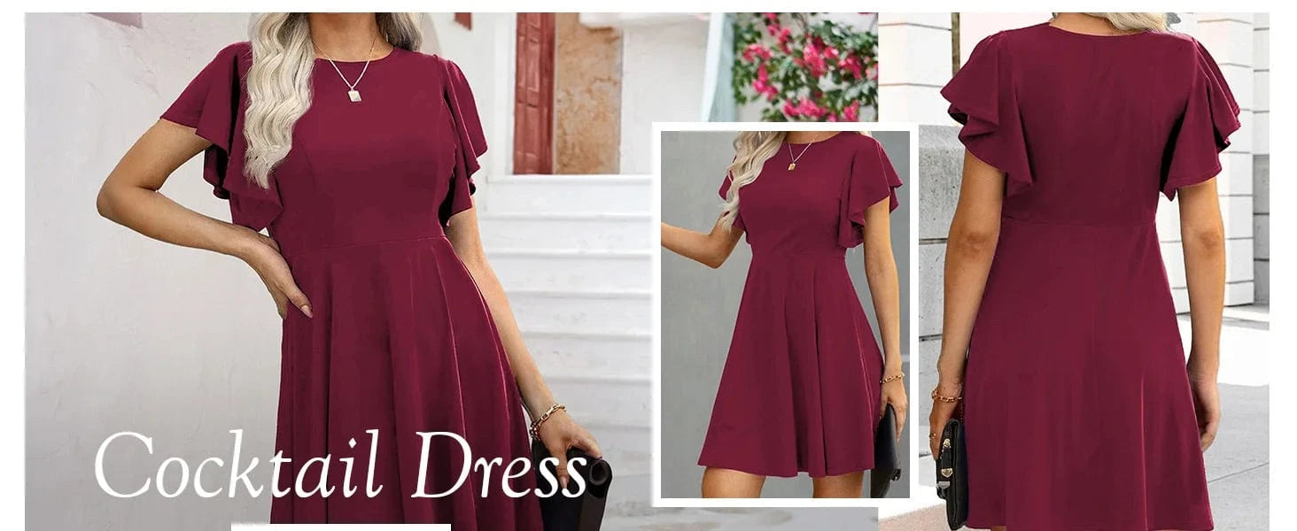 Summer 2025 Women's Dresses Elegant Vintage Ruffle Sleeve Flared A Line Swing Round-Neck Casual Party Cocktail Dress Women Cloth