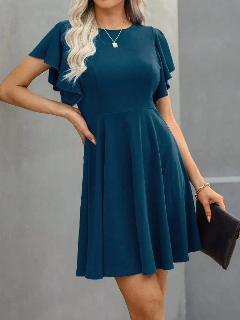 Summer 2025 Women's Dresses Elegant Vintage Ruffle Sleeve Flared A Line Swing Round-Neck Casual Party Cocktail Dress Women Cloth