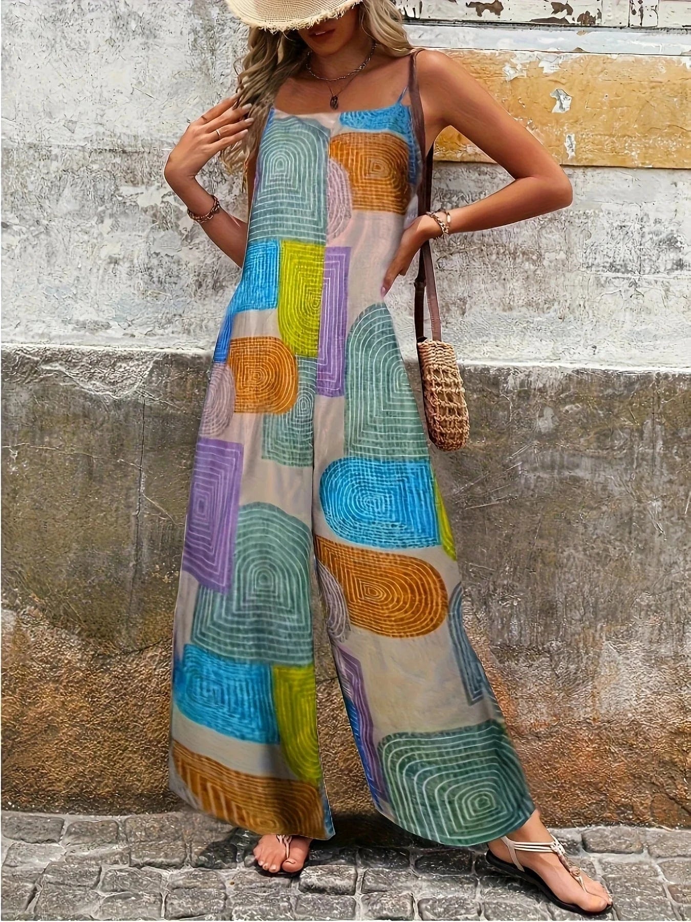 Summer 2025 Women's Halter One-shoulder Color Block Printed Jumpsuit Overalls