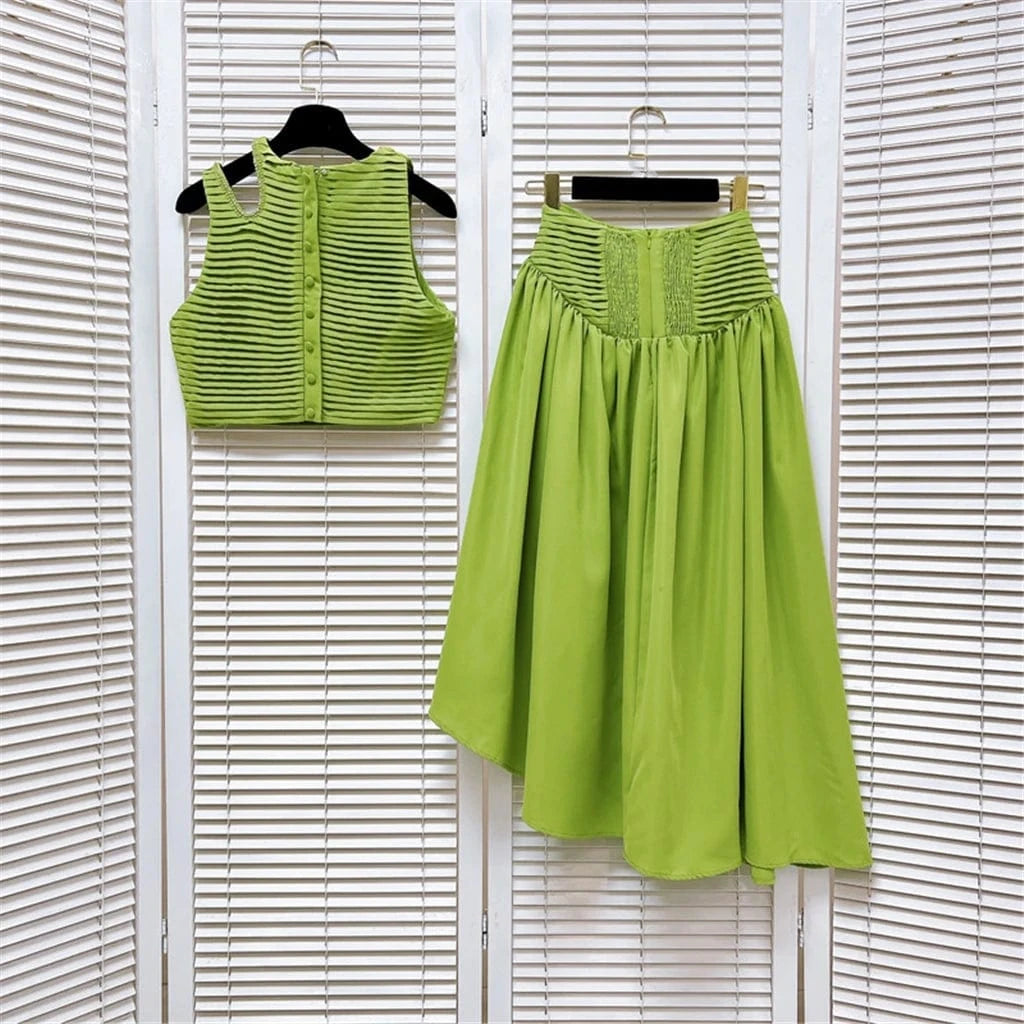 Summer A-Line Lady Women Elegant Sleeveless Beading Crop Top Irregular Long Puff Pleated Maxi Skirt Sexy Two 2 Piece Skirt Set