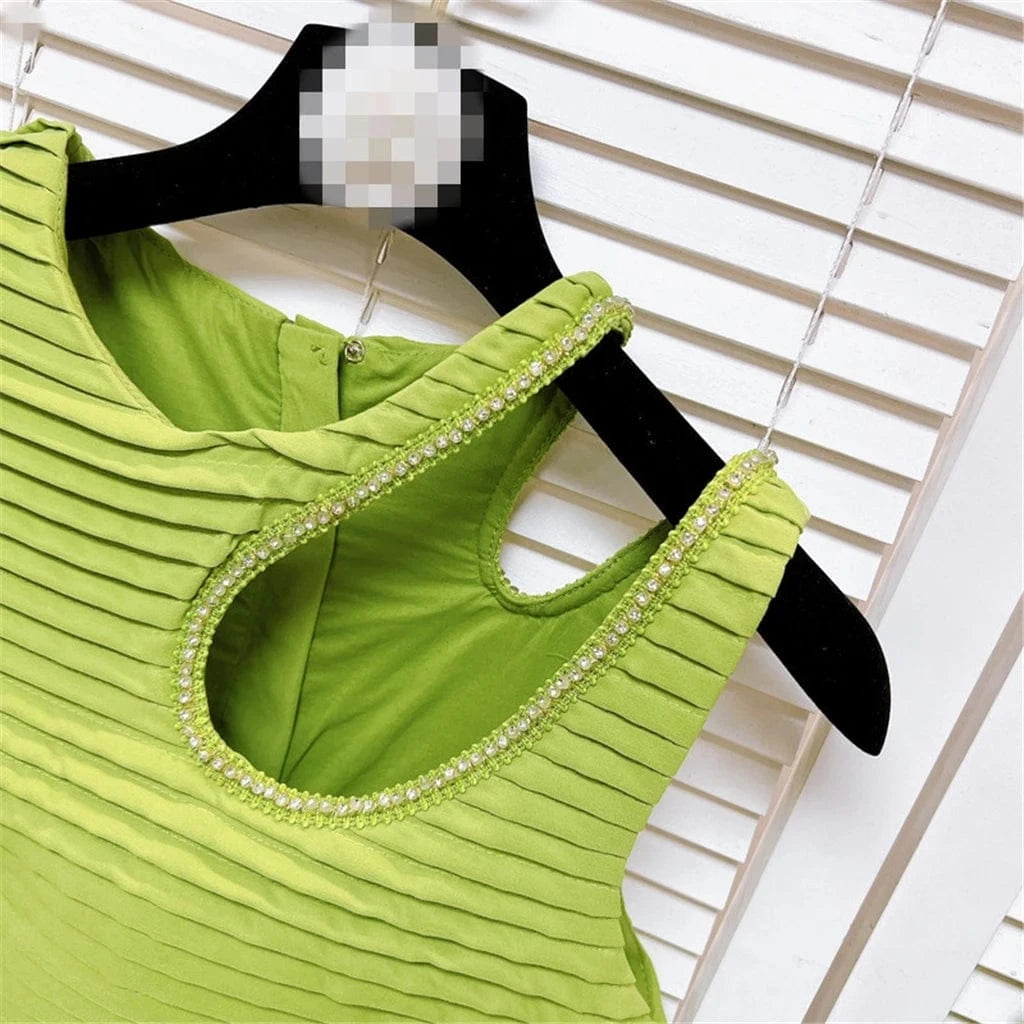 Summer A-Line Lady Women Elegant Sleeveless Beading Crop Top Irregular Long Puff Pleated Maxi Skirt Sexy Two 2 Piece Skirt Set