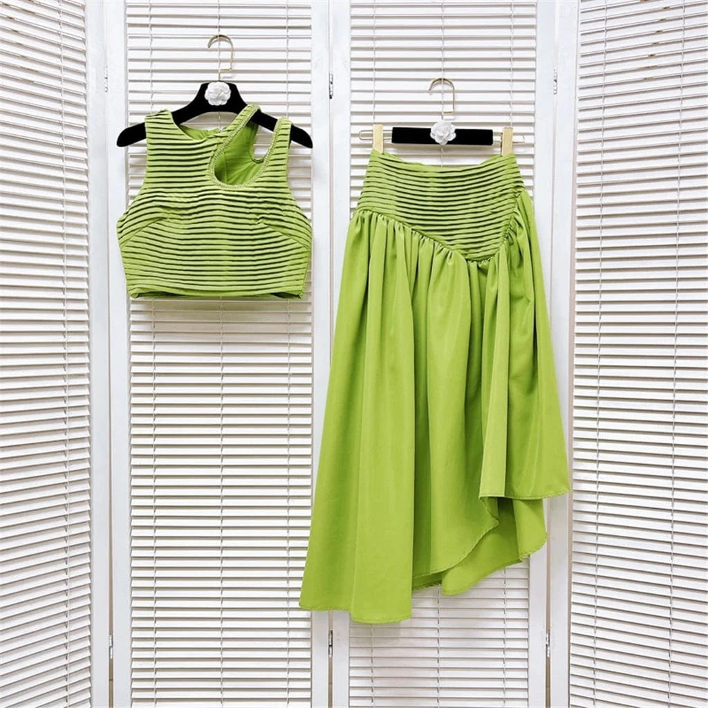Summer A-Line Lady Women Elegant Sleeveless Beading Crop Top Irregular Long Puff Pleated Maxi Skirt Sexy Two 2 Piece Skirt Set