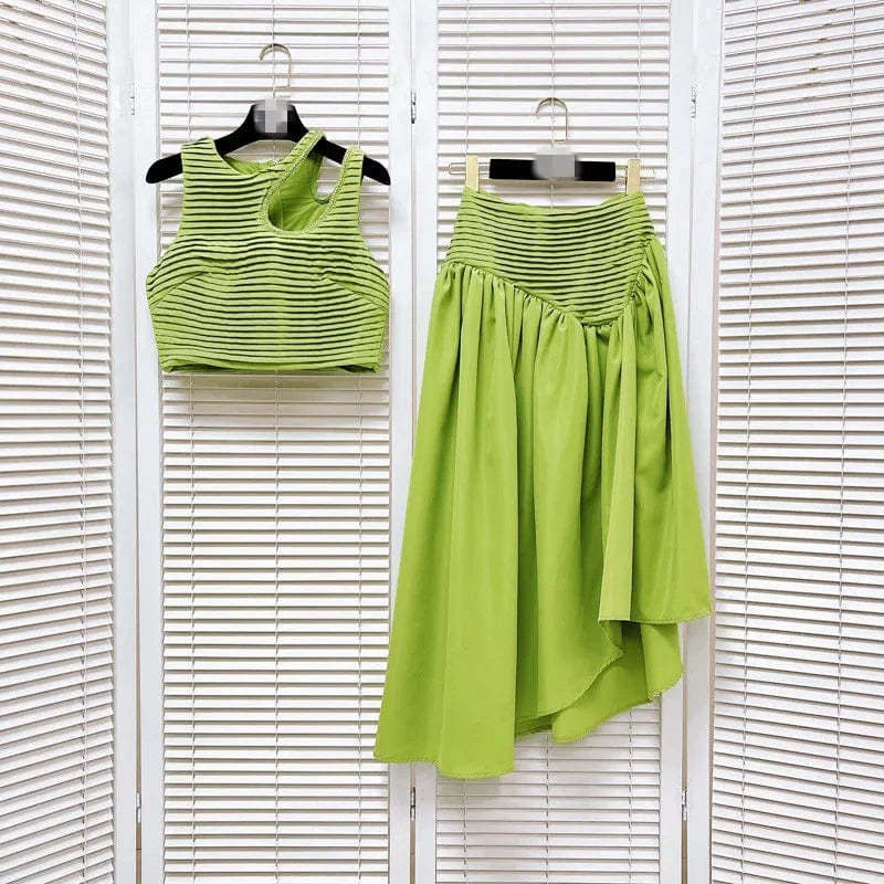 Summer A-Line Lady Women Elegant Sleeveless Beading Crop Top Irregular Long Puff Pleated Maxi Skirt Sexy Two 2 Piece Skirt Set