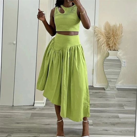 Summer A-Line Lady Women Elegant Sleeveless Beading Crop Top Irregular Long Puff Pleated Maxi Skirt Sexy Two 2 Piece Skirt Set