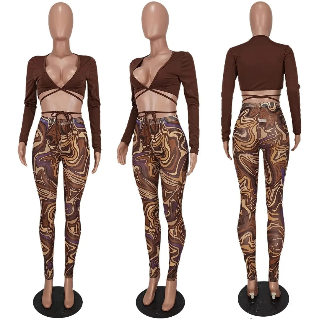 Summer Bandage Two Piece Set Sexy V Neck Lace Up Long Sleeve Crop Top Print Sheer Mesh Pants Club Party 2 Piece Set Women