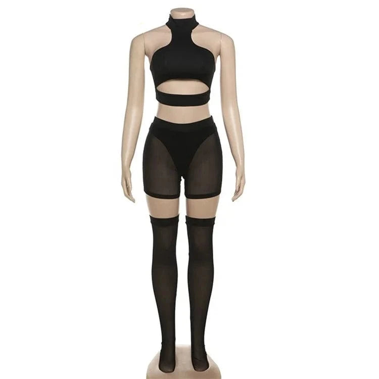 Summer Black Bodycon Three Piece Sets Midnight Club Outfits For Women 2024 Sexy Hollow Out Halter Tank Top Shorts Sets