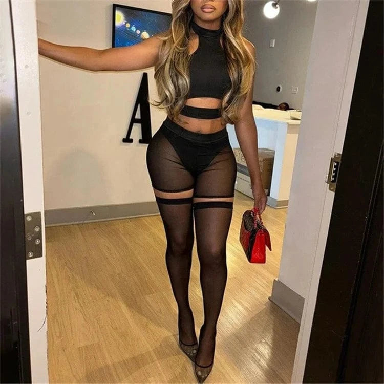 Summer Black Bodycon Three Piece Sets Midnight Club Outfits For Women 2024 Sexy Hollow Out Halter Tank Top Shorts Sets