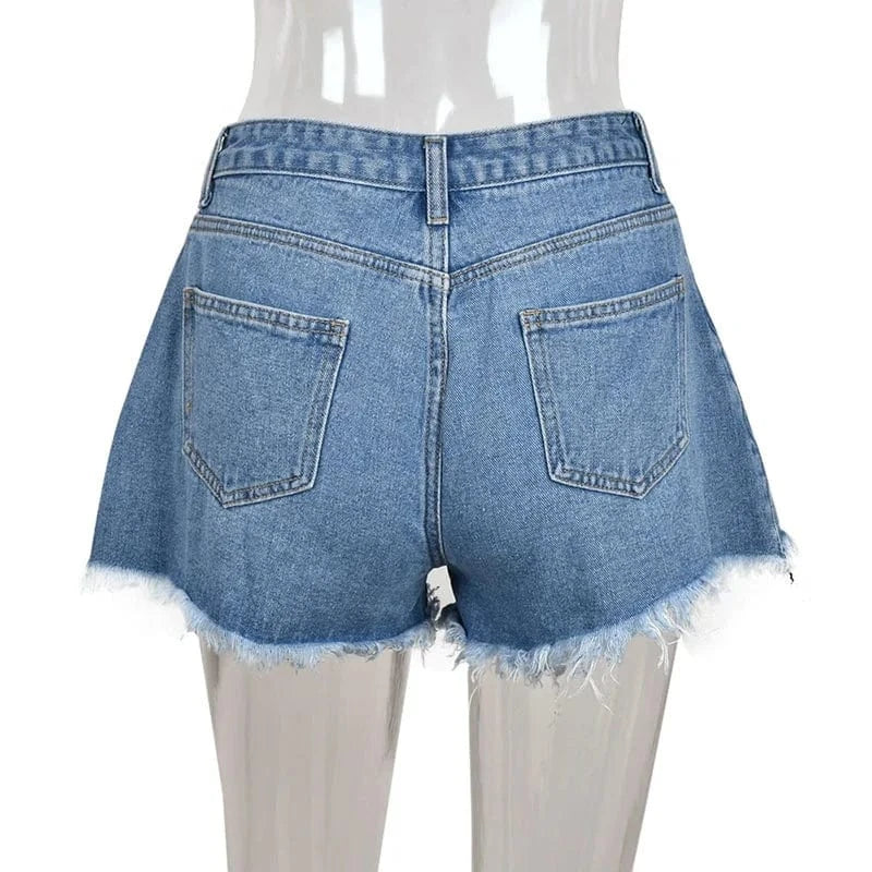 Summer Blue Denim Shorts Hight Waist Button Tassel Shorts Jeans Sexy Bodycon Pocket Short Pants Streetwear Club Outfits