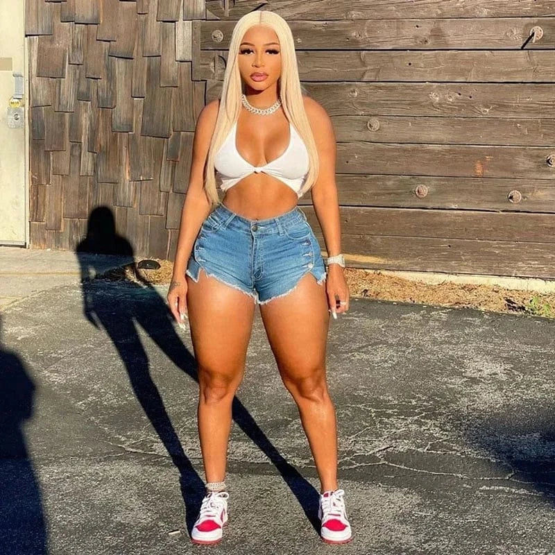 Summer Blue Denim Shorts Hight Waist Button Tassel Shorts Jeans Sexy Bodycon Pocket Short Pants Streetwear Club Outfits