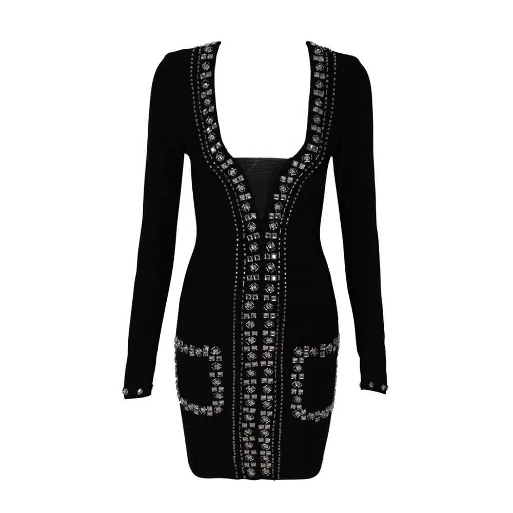 Summer Bodycon  Crystal Evening Club Dresses Long Sleeve Deep V-neck Bandage Dresses Top Quality Sexy  Mini
