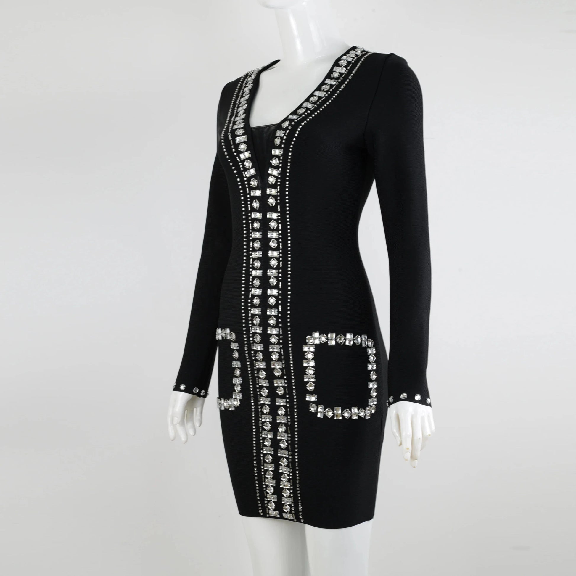 Summer Bodycon  Crystal Evening Club Dresses Long Sleeve Deep V-neck Bandage Dresses Top Quality Sexy  Mini