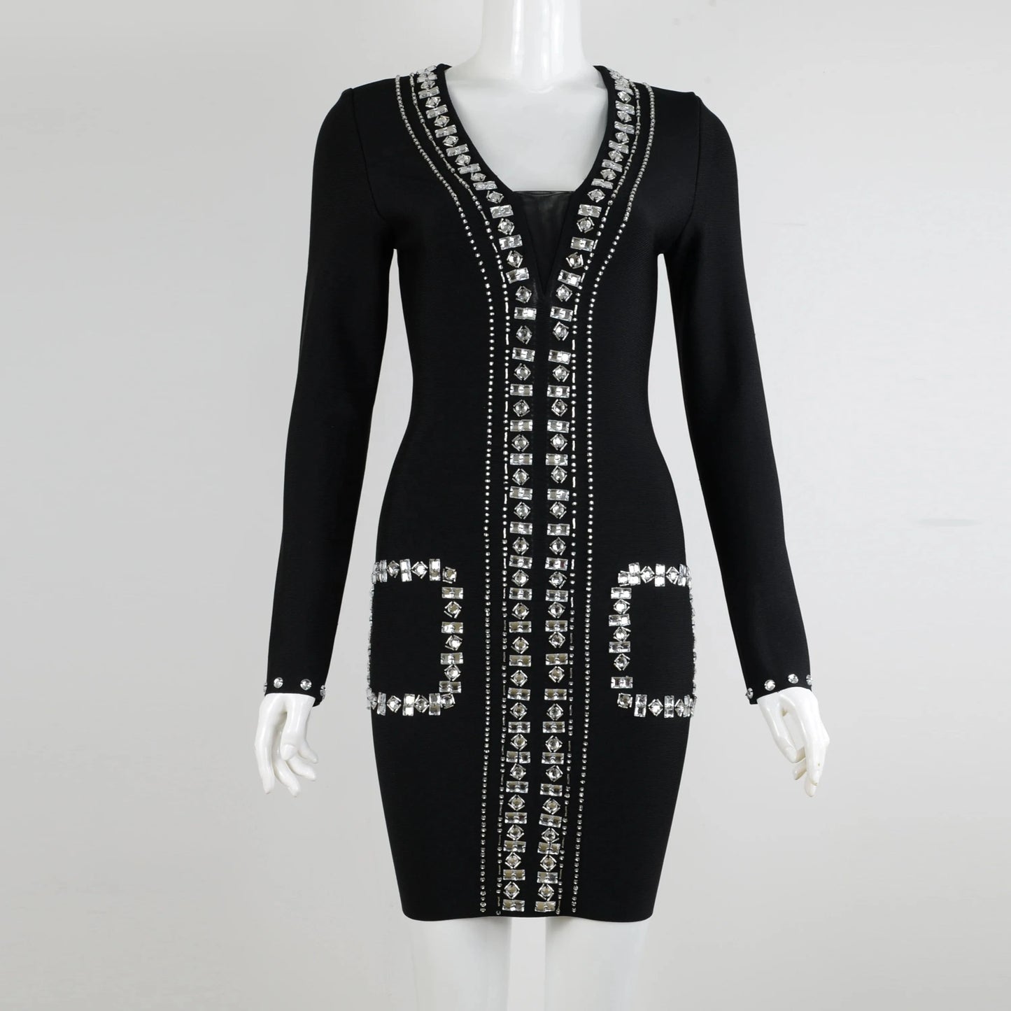 Summer Bodycon  Crystal Evening Club Dresses Long Sleeve Deep V-neck Bandage Dresses Top Quality Sexy  Mini