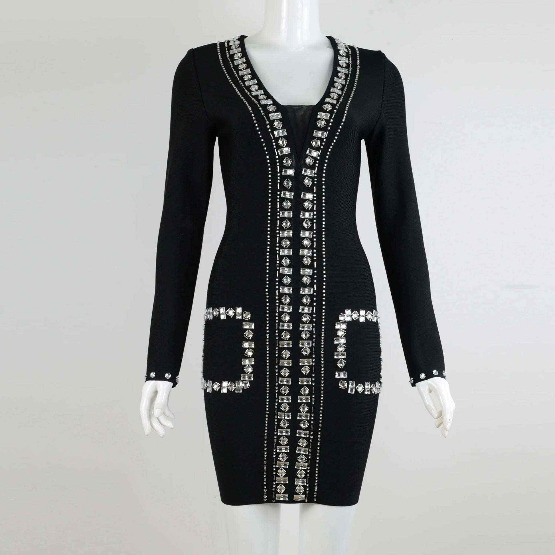 Summer Bodycon  Crystal Evening Club Dresses Long Sleeve Deep V-neck Bandage Dresses Top Quality Sexy  Mini