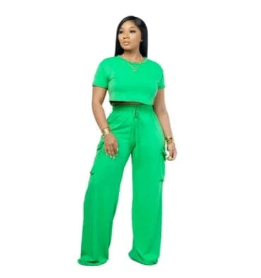 Summer collection 2024 wide leg palazo pants two piece set for ladies with cargo pockets