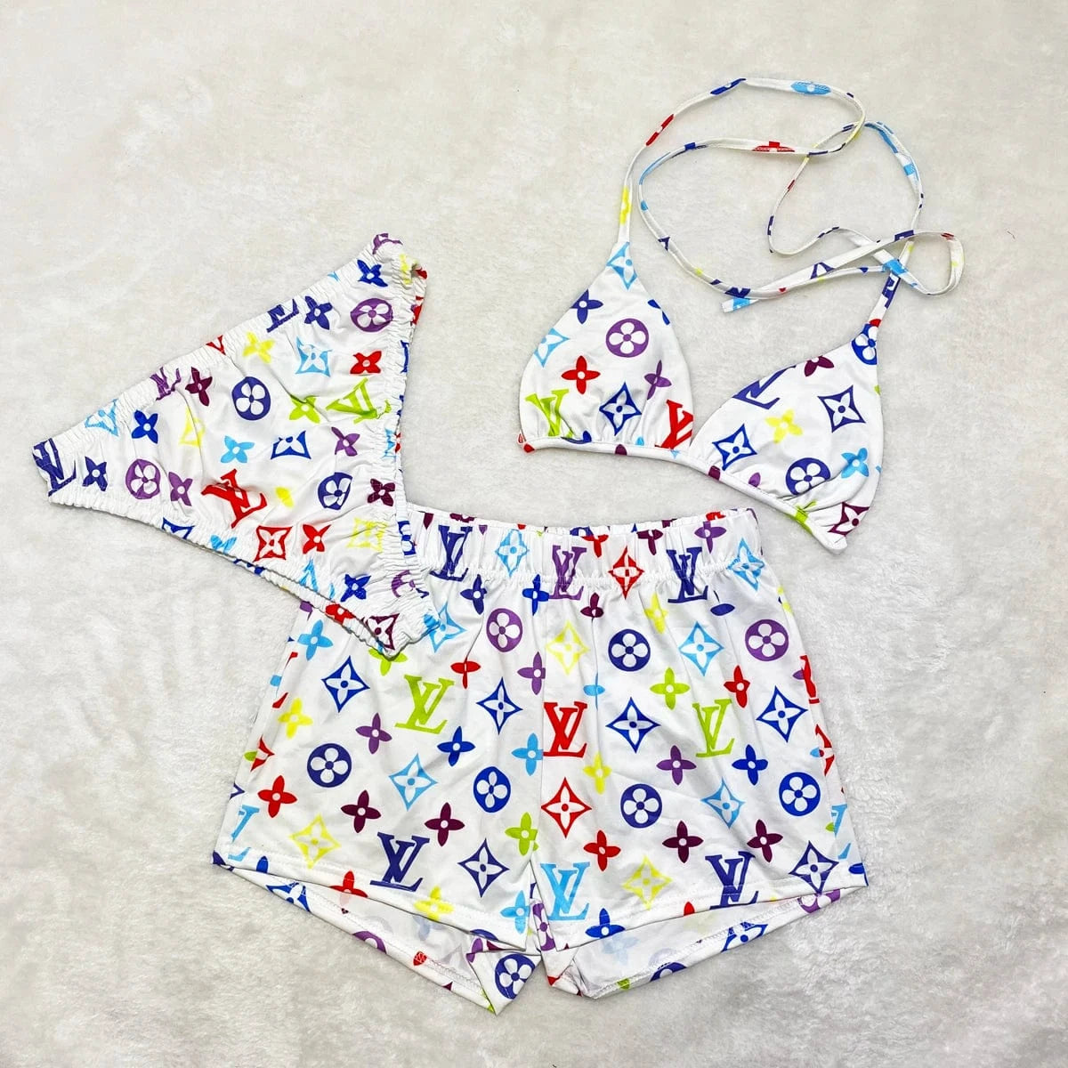 Summer Custom 3 Piece designer matching swimsuits for couples men beach shorts women thong bikini bra set