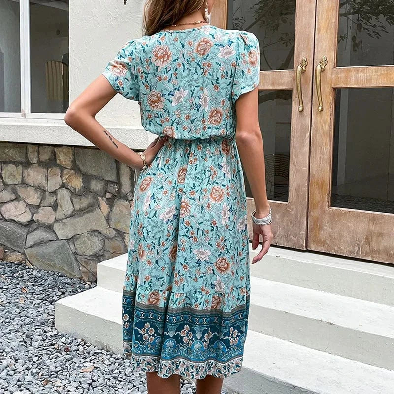 Summer Dresses Women Casual Boho Floral Print Loose Dresses Midi Beach Bohemian Dresses 2023