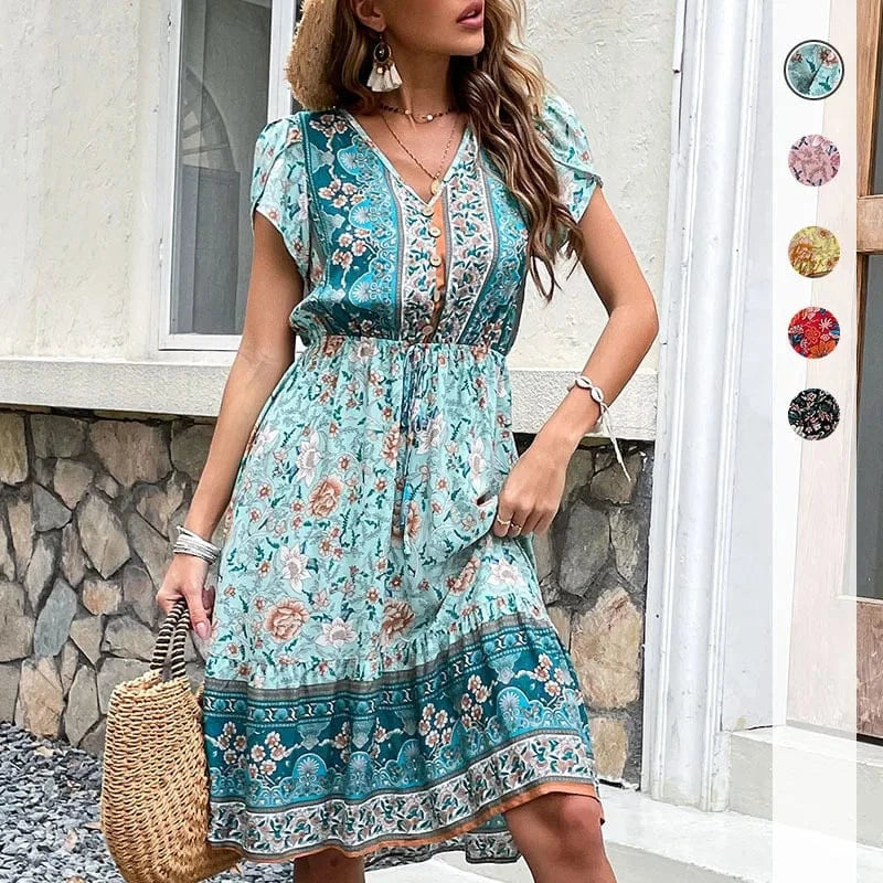 Summer Dresses Women Casual Boho Floral Print Loose Dresses Midi Beach Bohemian Dresses 2023