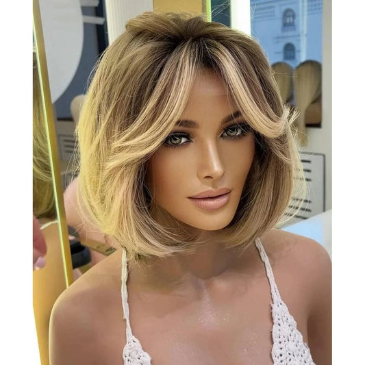 Summer Easy Wig Blonde Ombre Color Pixie Short Cut Bob Natural Look Raw Human Hair Clear Lace Front Wigs With Bang