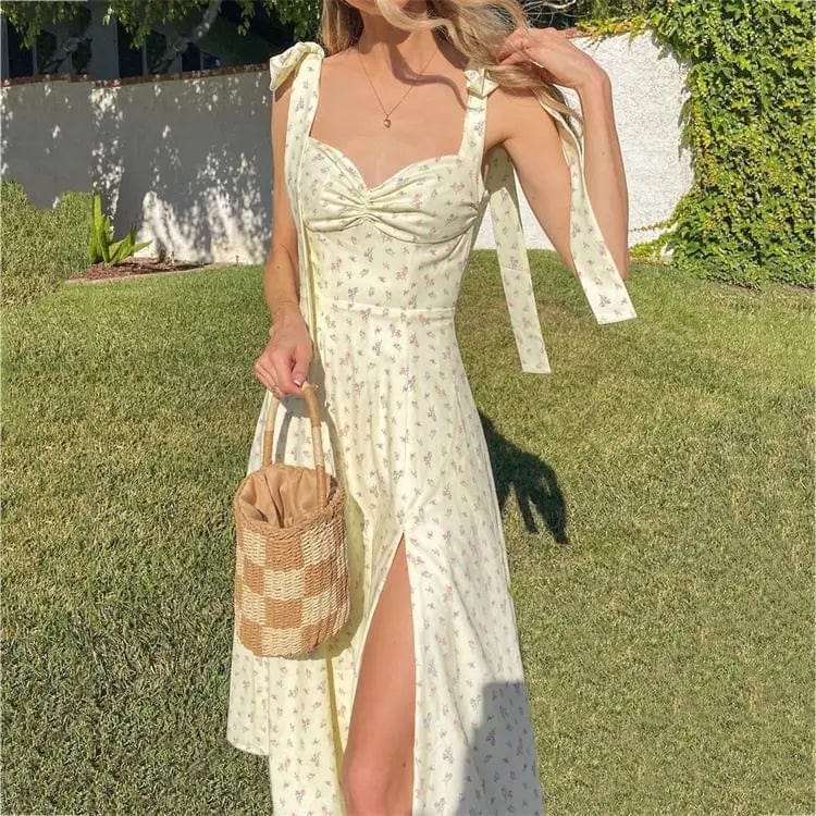 summer fashion elegant boho print Slit maxi dress women french romantic party vacation beach casual floral dress ladies