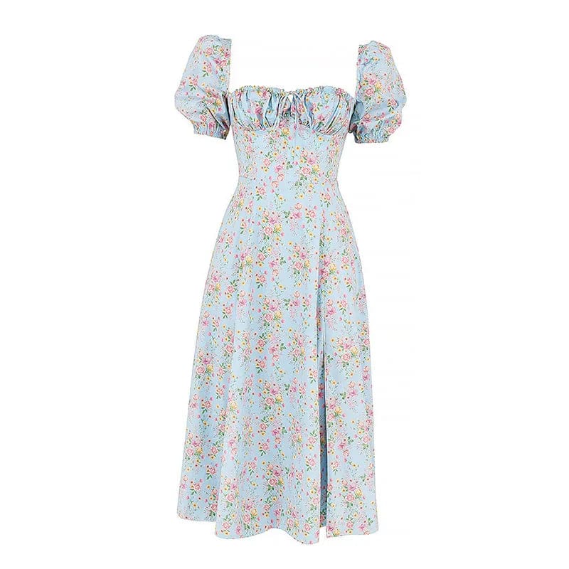 summer fashion elegant boho print Slit maxi dress women french romantic party vacation beach casual floral dress ladies