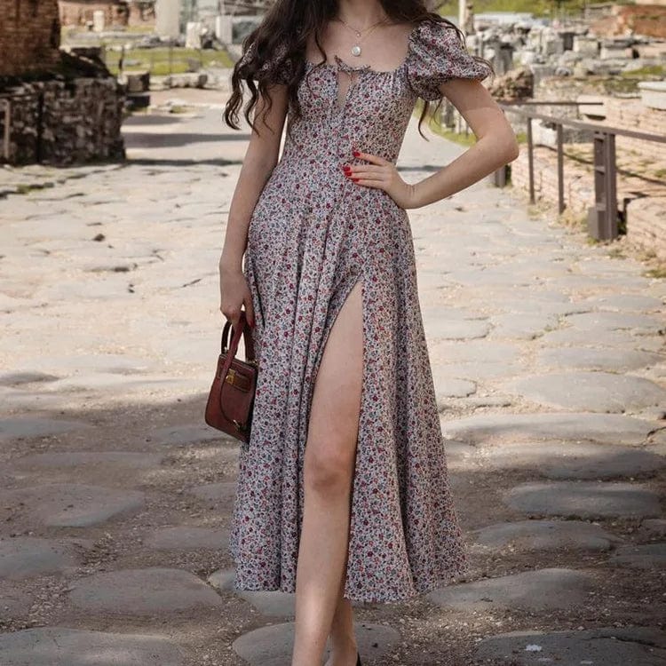 summer fashion elegant boho print Slit maxi dress women french romantic party vacation beach casual floral dress ladies