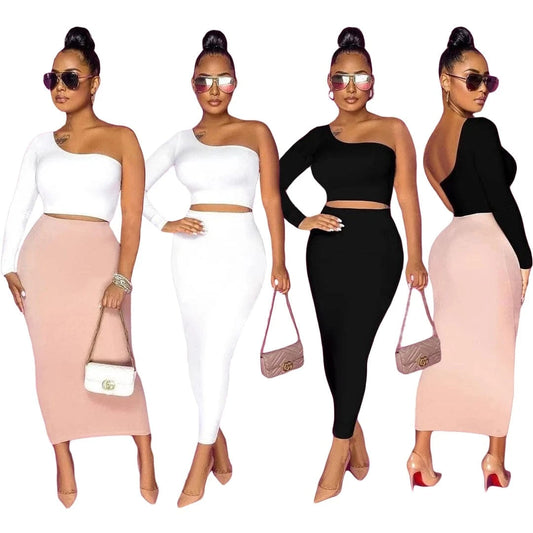 Summer Fashion elegant shoulder out 2 piece skirt set Maxi Bodycon plus size two piece skirt set
