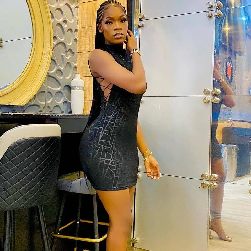 Summer Fashion Sleeveless Turtle Neck Black Sexy Slinky Bodycon Dress Women Night Club