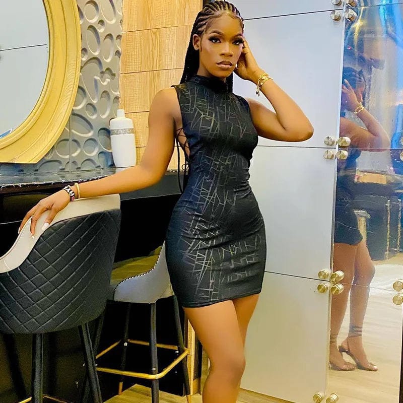 Summer Fashion Sleeveless Turtle Neck Black Sexy Slinky Bodycon Dress Women Night Club