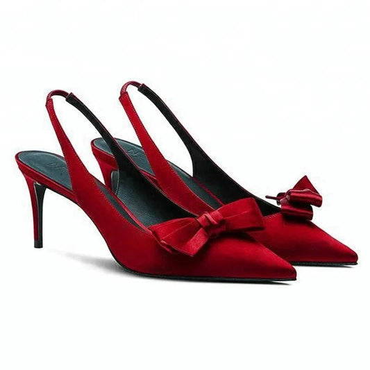 Summer Female  Red Silk Bowknot Stilettos Fashionable Pointy Shoes Heel Sandals Wedding heel