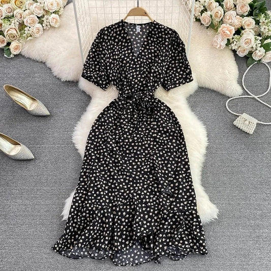 Summer Floral Printed Boho Midi Dress for Women V-neck French Slim Short Sleeve Beach Chiffon Dresses Lady Korean Cute Clothing