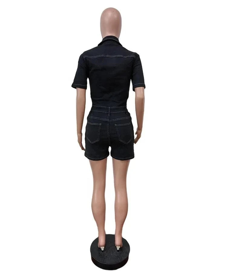 Summer Half Button Jumpsuit Romper Women 2024 Fashion Street style Short Sleeve Black Casual Stretch Denim Shorts