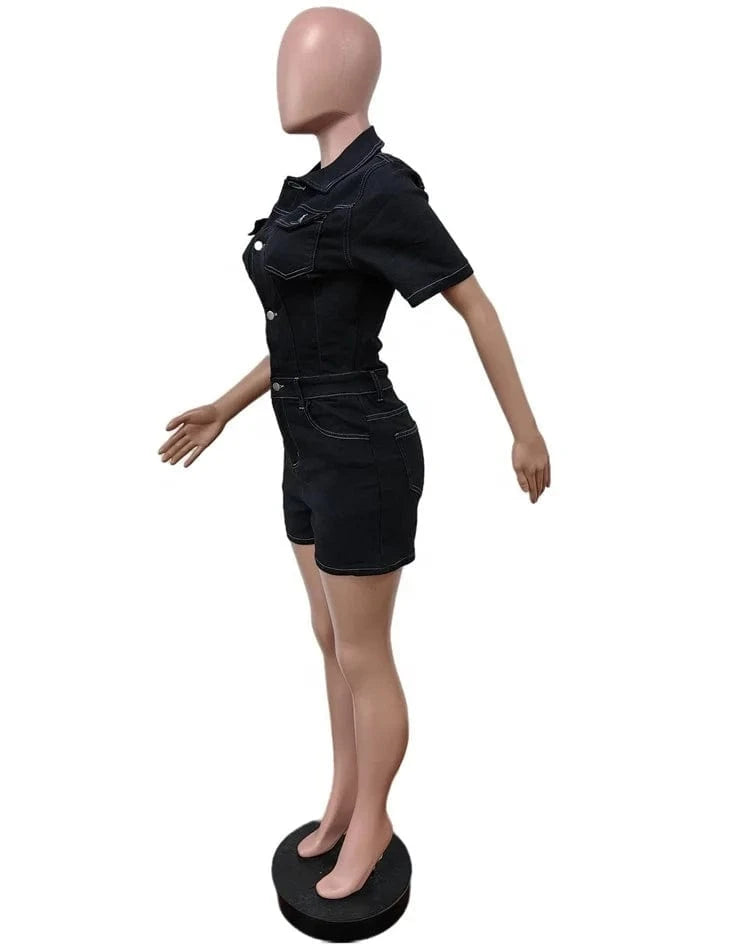 Summer Half Button Jumpsuit Romper Women 2024 Fashion Street style Short Sleeve Black Casual Stretch Denim Shorts