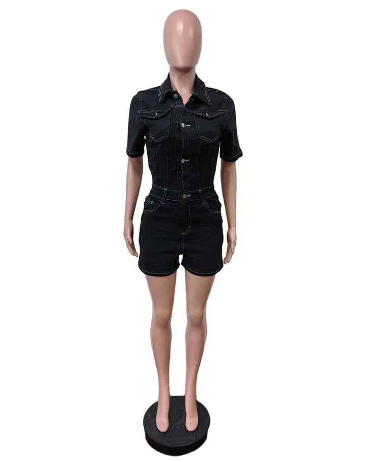 Summer Half Button Jumpsuit Romper Women 2024 Fashion Street style Short Sleeve Black Casual Stretch Denim Shorts