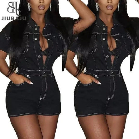 Summer Half Button Jumpsuit Romper Women 2024 Fashion Street style Short Sleeve Black Casual Stretch Denim Shorts