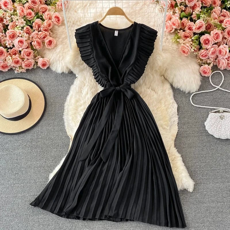 Summer Hepburn Style Women Dress Ruffles Sashes Chiffon Fashion Elegant Pleated V-neck Dresses for Ladies Casual Vintage Vestido