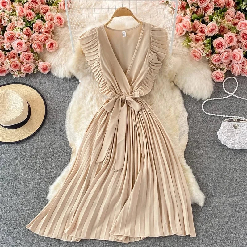 Summer Hepburn Style Women Dress Ruffles Sashes Chiffon Fashion Elegant Pleated V-neck Dresses for Ladies Casual Vintage Vestido