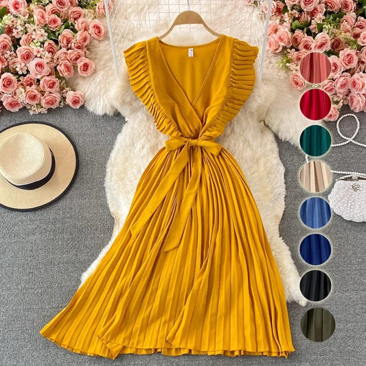 Summer Hepburn Style Women Dress Ruffles Sashes Chiffon Fashion Elegant Pleated V-neck Dresses for Ladies Casual Vintage Vestido