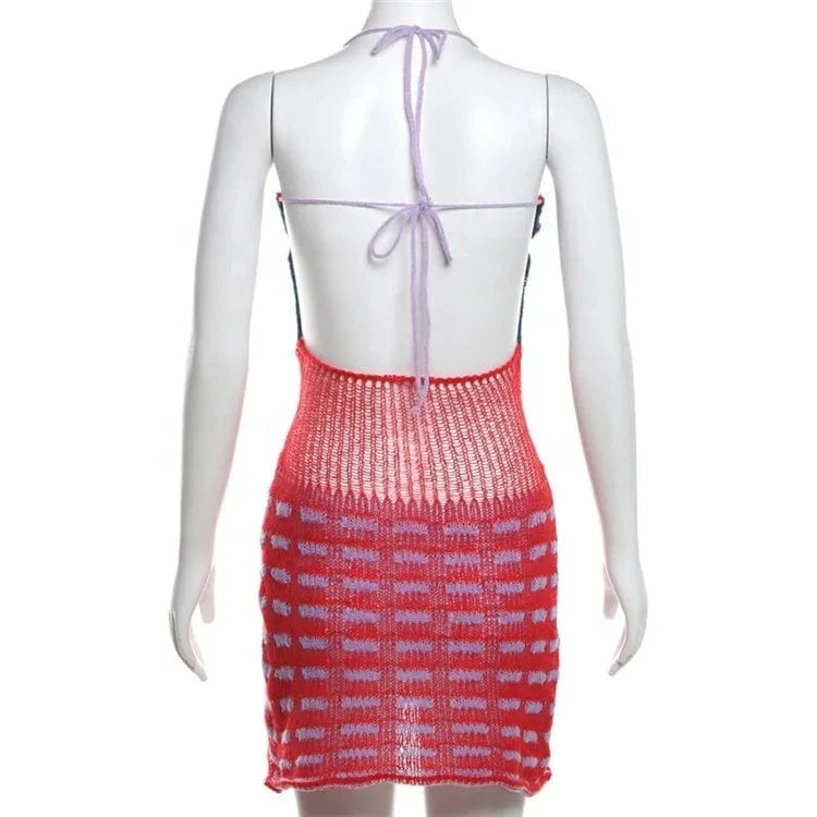 Summer Hollow Out Panelled Kint Short Dress Beach Clothes Women 2024 Sexy Backless Halter Booty Dress